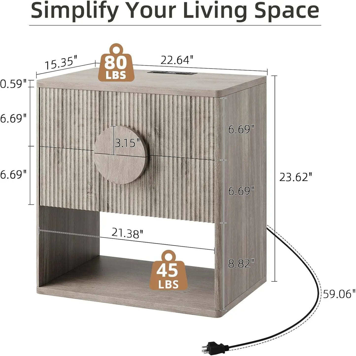 1PC Large Fluted Nightstand with Drawers