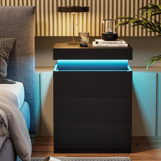 Nightstand w/Charging Station and LED, Stand with Sliding Top, Table with drawers