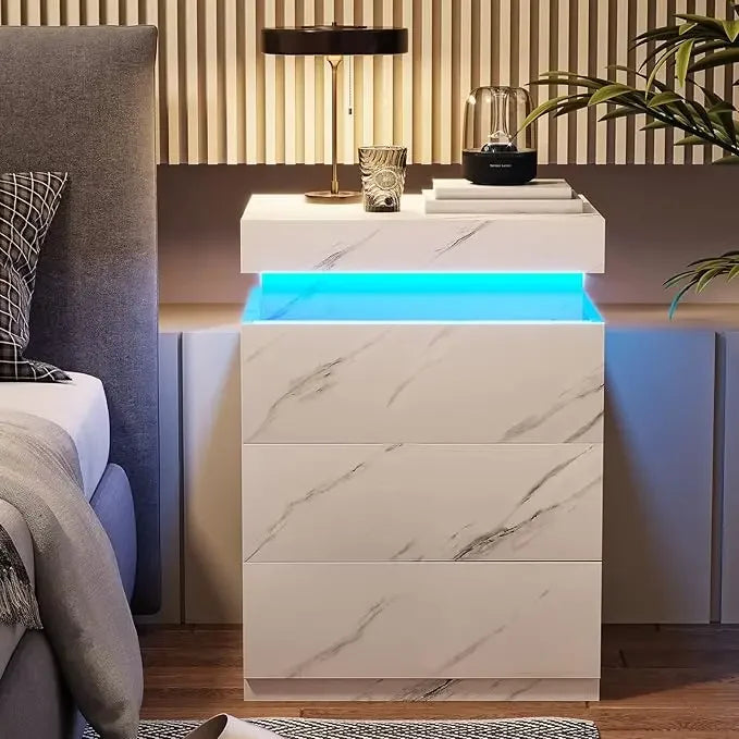 Nightstand w/Charging Station and LED, Stand with Sliding Top, Table with drawers