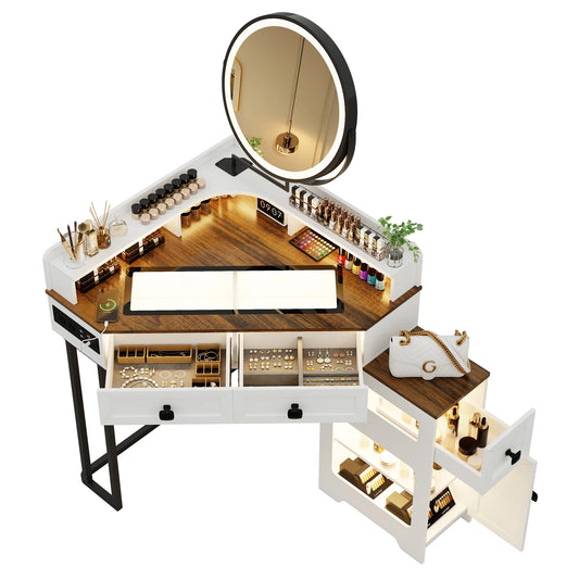 Corner Vanity Desk with Mirror and Lights