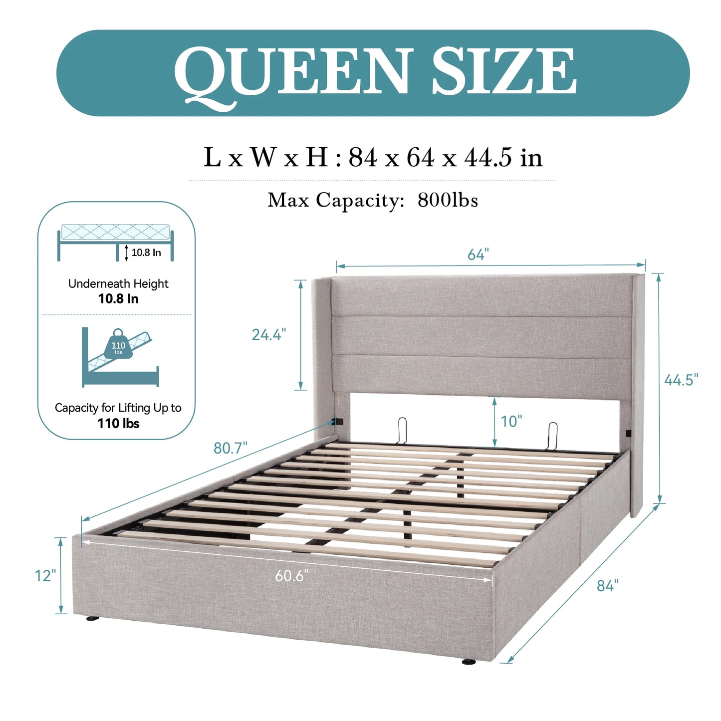 Lift Up Storage Bed with Wingback Headboard/Heavy-Duty Hydraulics