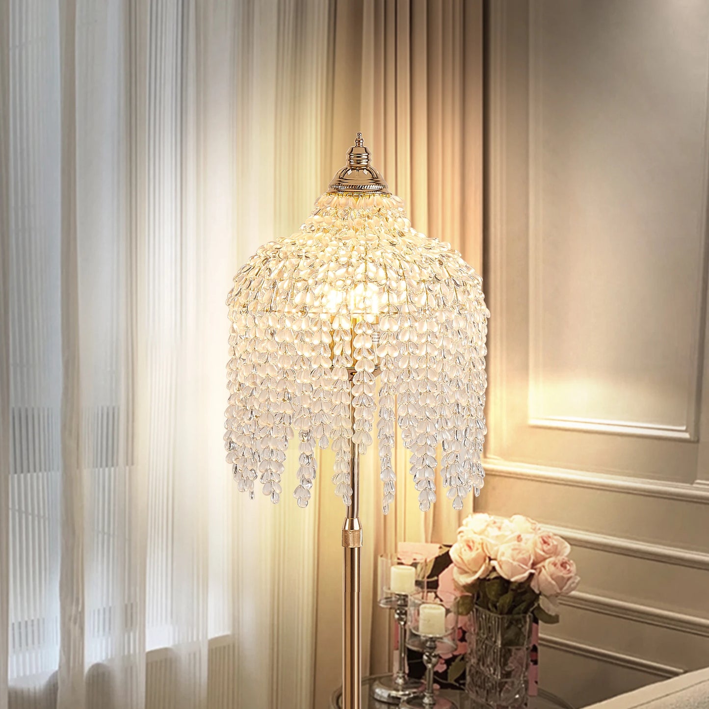 3-Light Elegant Crystal Floor Lamp Vintage Waterfall Design with Crystal Bead Strings