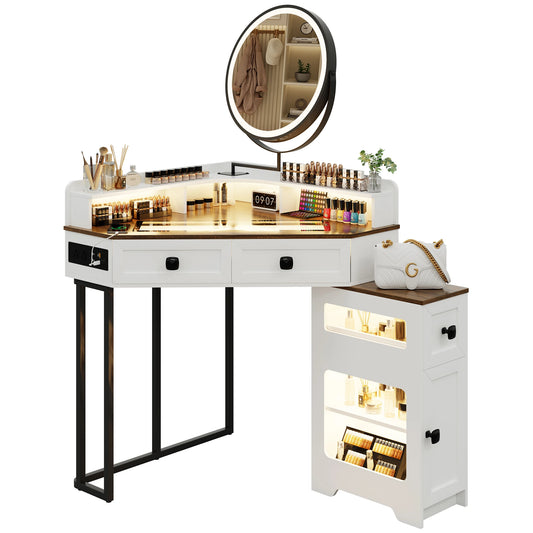 Corner Vanity Desk with Mirror and Lights