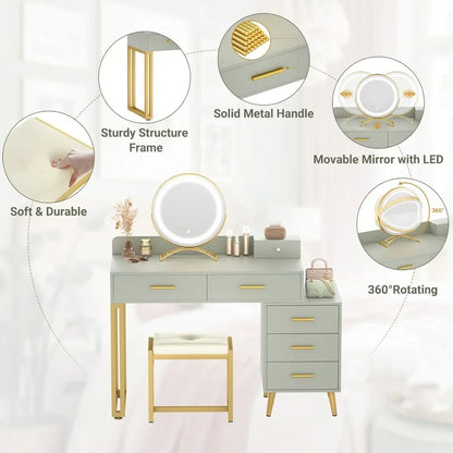Vanity Desk with Mirror, Light  Set, 6 Drawers Cushioned Stool