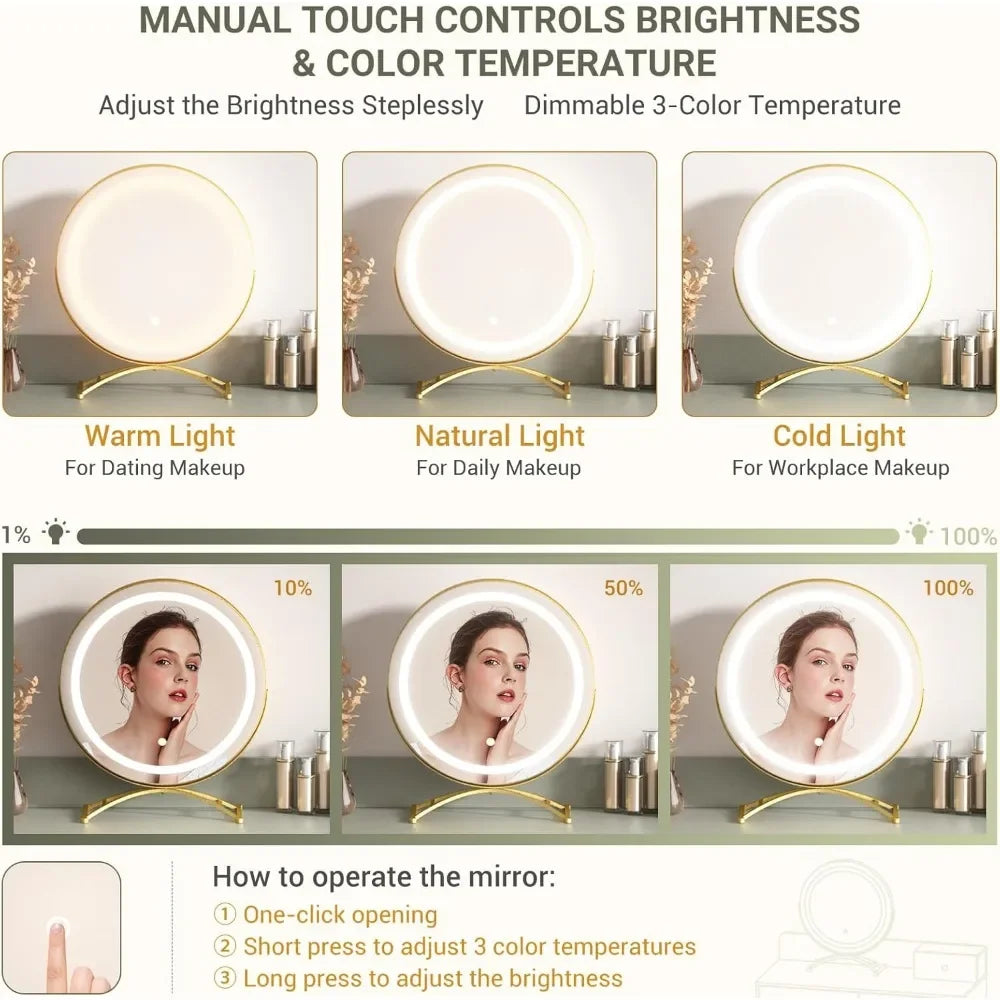 Vanity Desk with Mirror, Light  Set, 6 Drawers Cushioned Stool