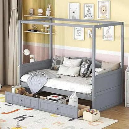 Queen Size, Canopy Platform Bed with Headboard and Metal Frame