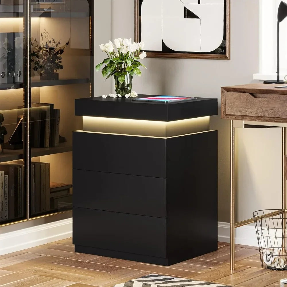 Nightstand w/Charging Station and LED, Stand with Sliding Top, Table with drawers