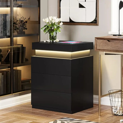 Nightstand w/Charging Station and LED, Stand with Sliding Top, Table with drawers