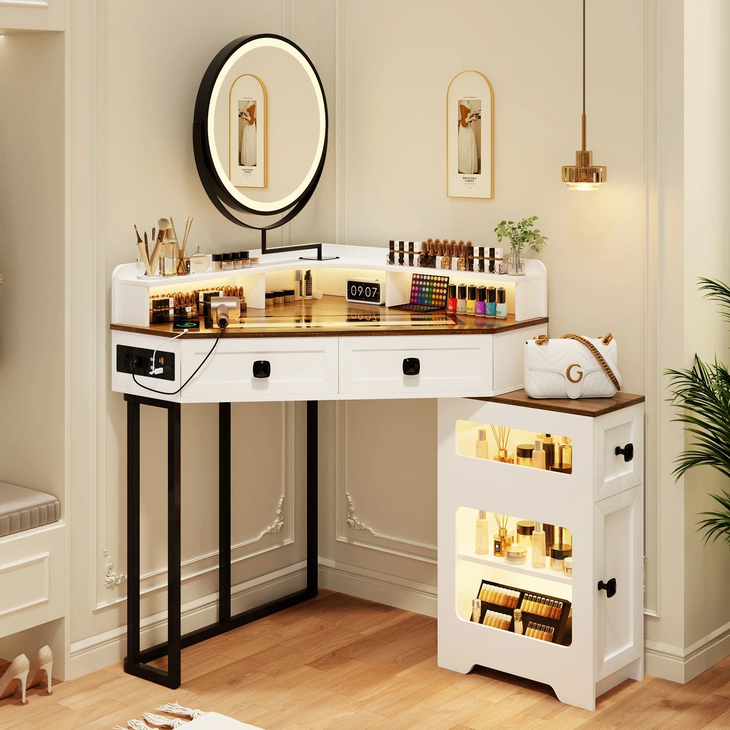 Corner Vanity Desk with Mirror and Lights