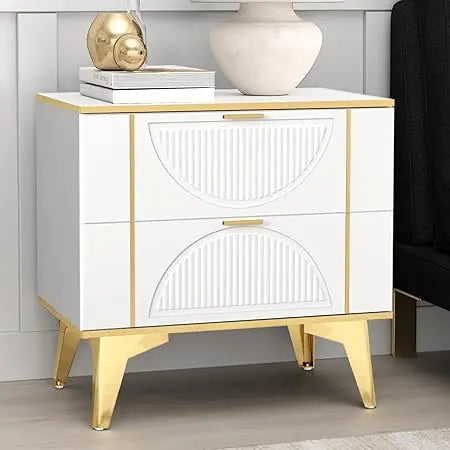 Nightstands Set of 2 With Striped Surface Metal Handle Legs