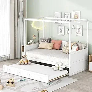 Queen Size, Canopy Platform Bed with Headboard and Metal Frame