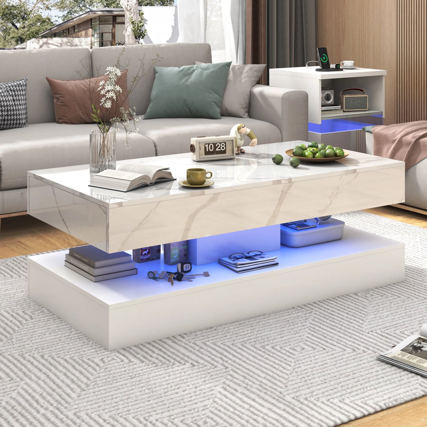 Modern Stylish Coffee Table with LED lights, Double-Layer Design with  Drawers