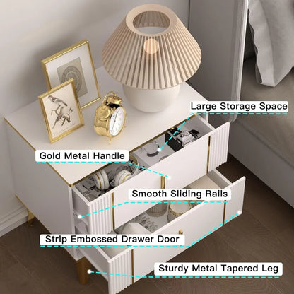Nightstands Set of 2 With Striped Surface Metal Handle Legs