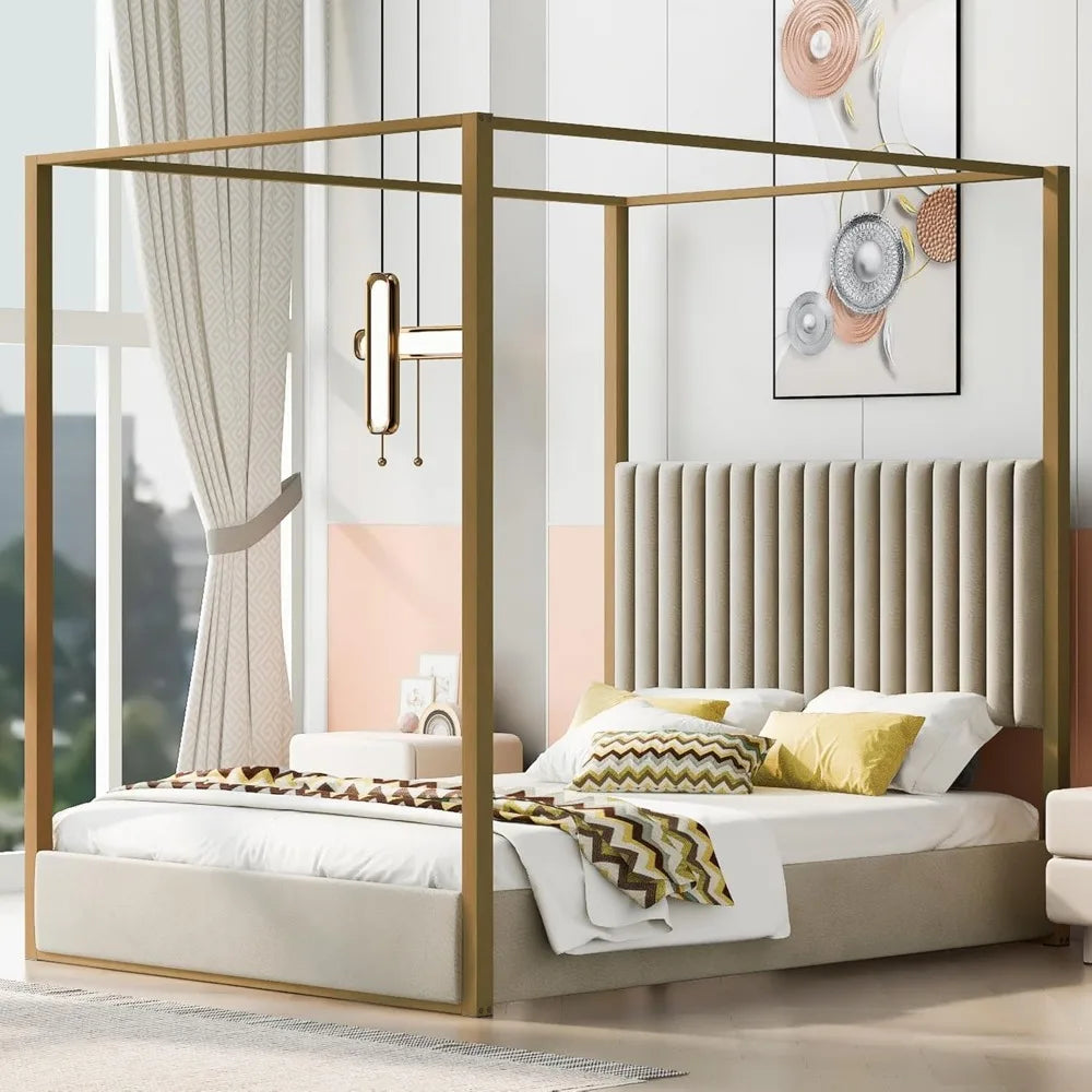 Queen Size, Canopy Platform Bed with Headboard and Metal Frame