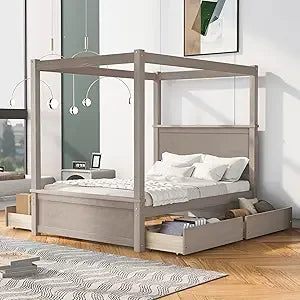 Queen Size, Canopy Platform Bed with Headboard and Metal Frame