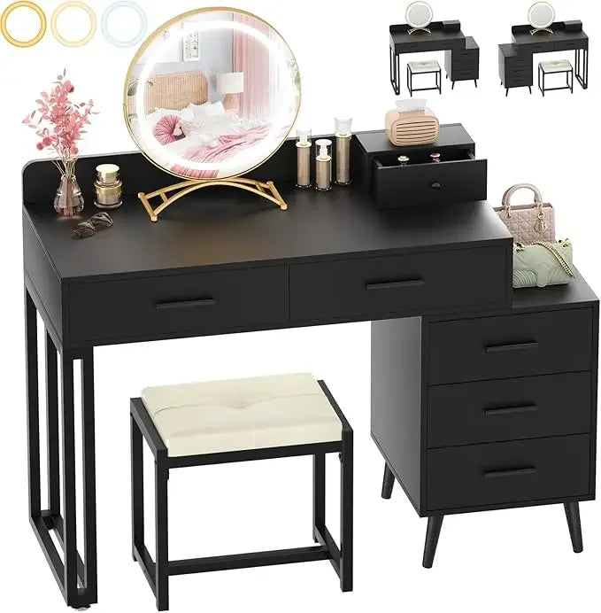 Vanity Desk with Mirror, Light  Set, 6 Drawers Cushioned Stool