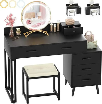 Vanity Desk with Mirror, Light  Set, 6 Drawers Cushioned Stool