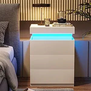 Nightstand w/Charging Station and LED, Stand with Sliding Top, Table with drawers