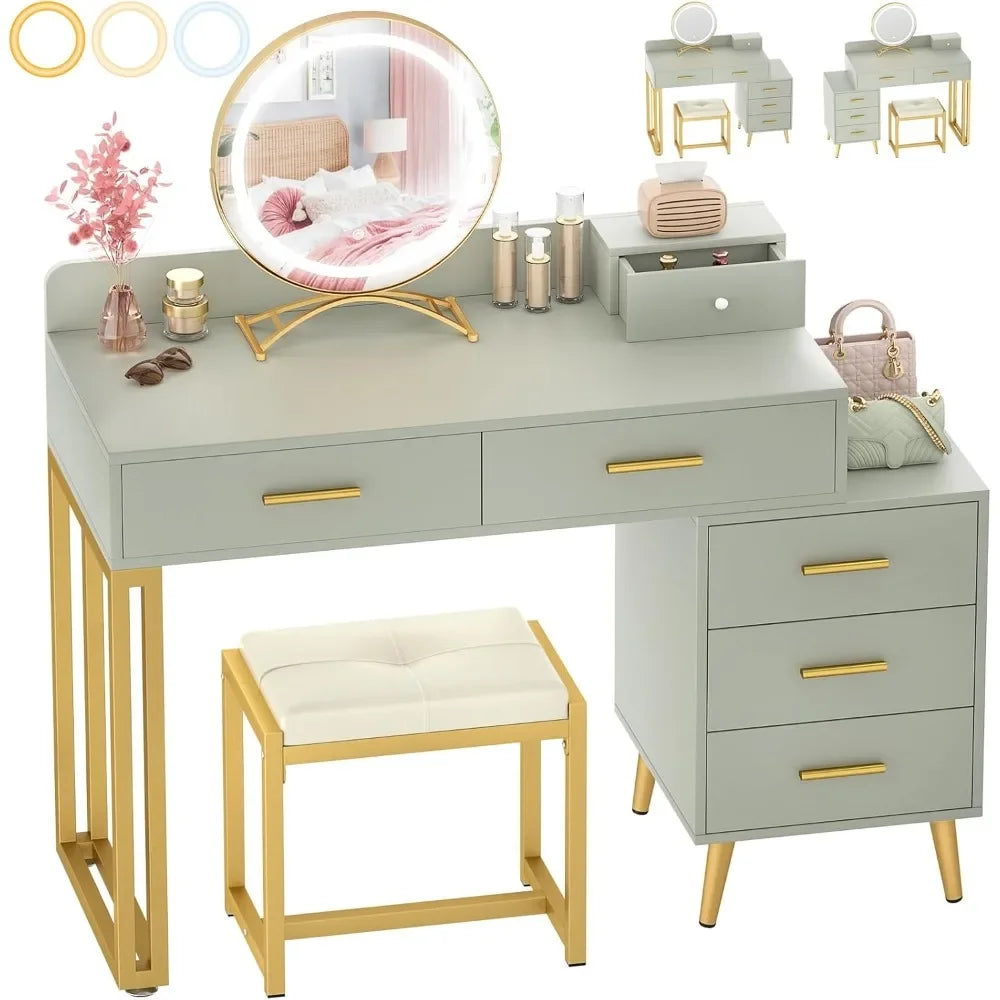 Vanity Desk with Mirror, Light  Set, 6 Drawers Cushioned Stool