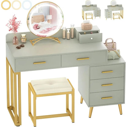 Vanity Desk with Mirror, Light  Set, 6 Drawers Cushioned Stool