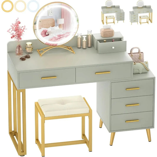 Vanity Desk with Mirror, Light  Set, 6 Drawers Cushioned Stool