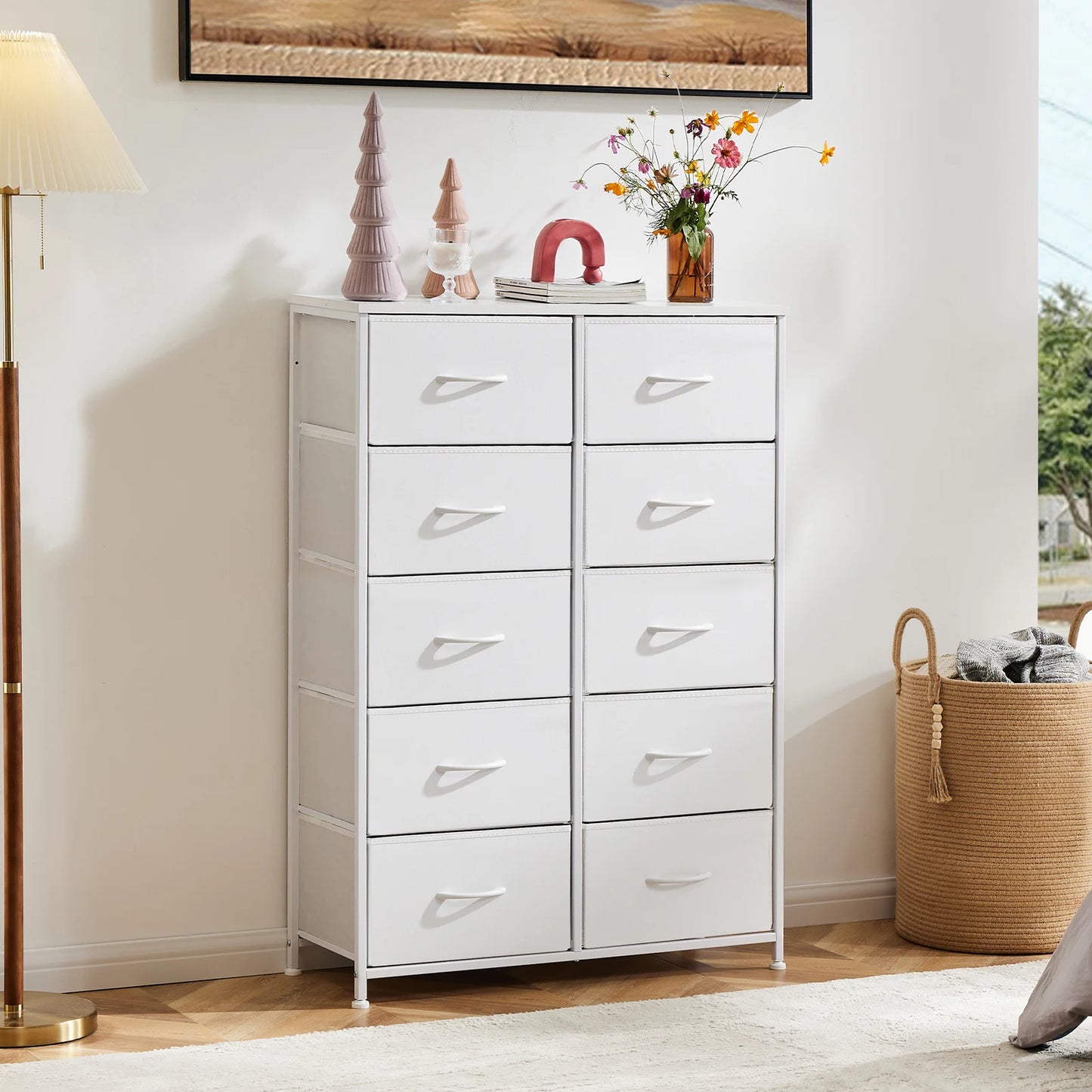 Bedside Table With 10 Fabric Drawers, Nightstand Storage Cabinet With Steel Frame