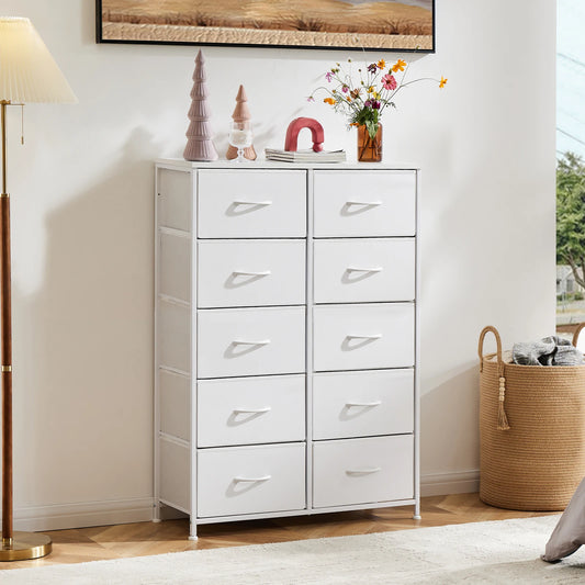 Bedside Table With 10 Fabric Drawers, Nightstand Storage Cabinet With Steel Frame