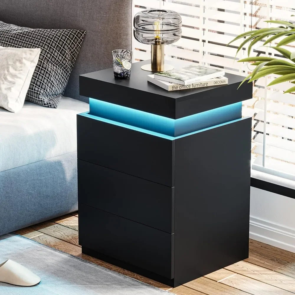 Nightstand w/Charging Station and LED, Stand with Sliding Top, Table with drawers