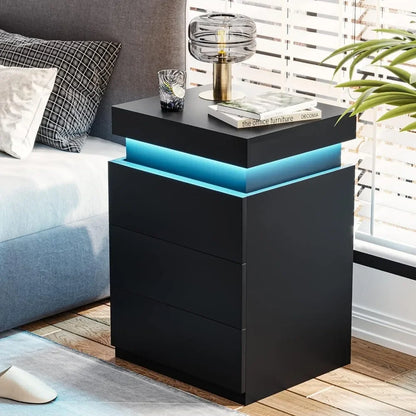 Nightstand w/Charging Station and LED, Stand with Sliding Top, Table with drawers