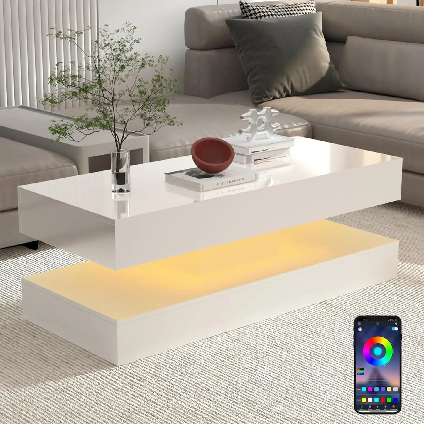 Modern Stylish Coffee Table with LED lights, Double-Layer Design with  Drawers
