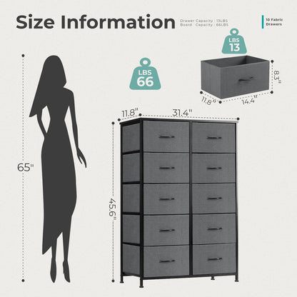 Bedside Table With 10 Fabric Drawers, Nightstand Storage Cabinet With Steel Frame