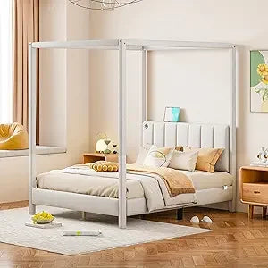 Queen Size, Canopy Platform Bed with Headboard and Metal Frame