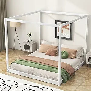 Queen Size, Canopy Platform Bed with Headboard and Metal Frame