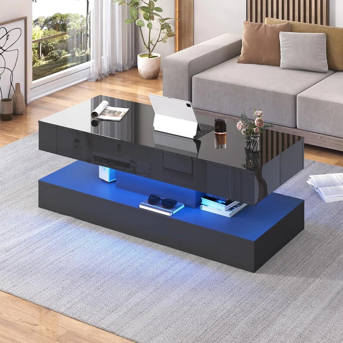 Modern Stylish Coffee Table with LED lights, Double-Layer Design with  Drawers