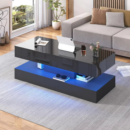 Modern Stylish Coffee Table with LED lights, Double-Layer Design with  Drawers