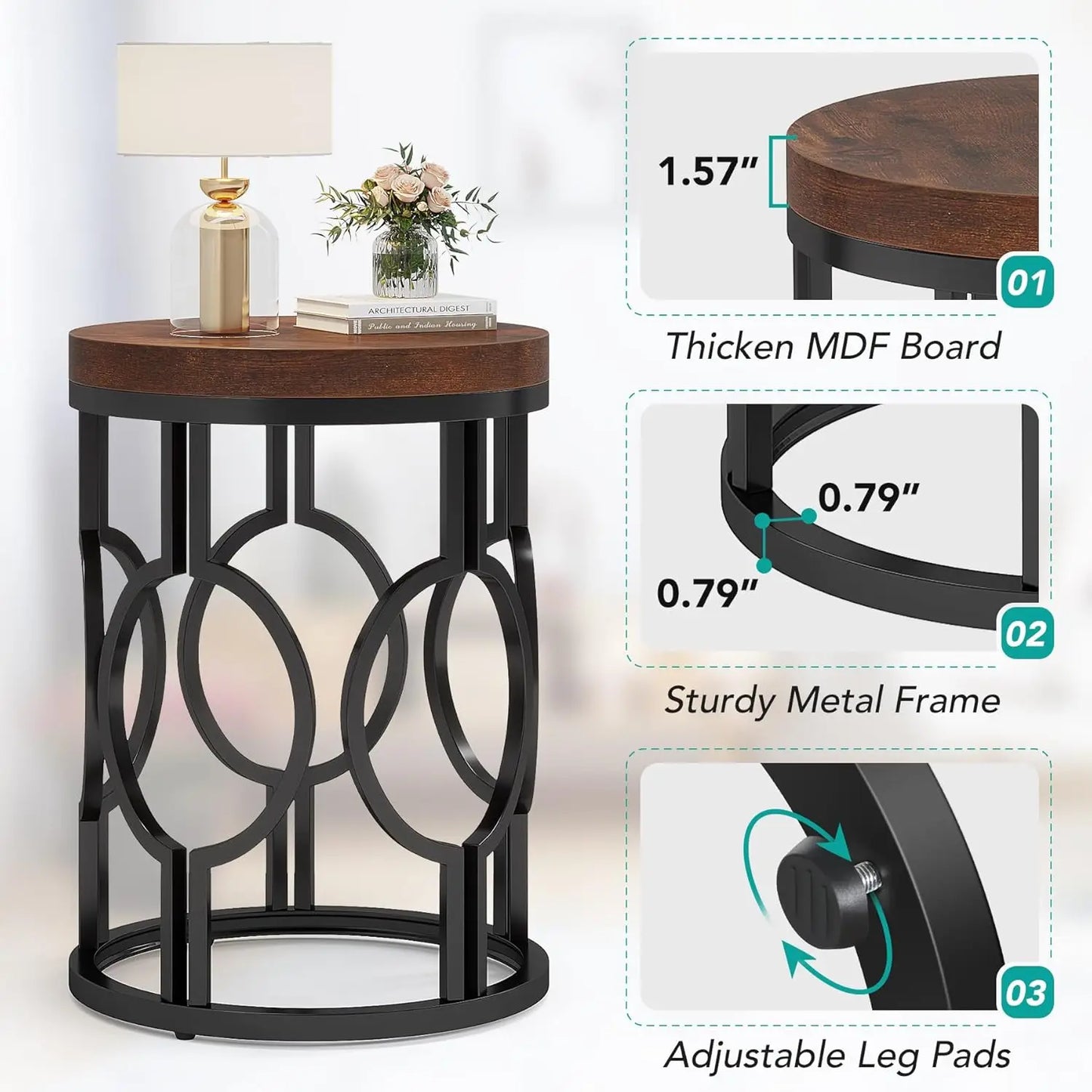 Round End Table, Small Nightstand for Living Room, Bedroom
