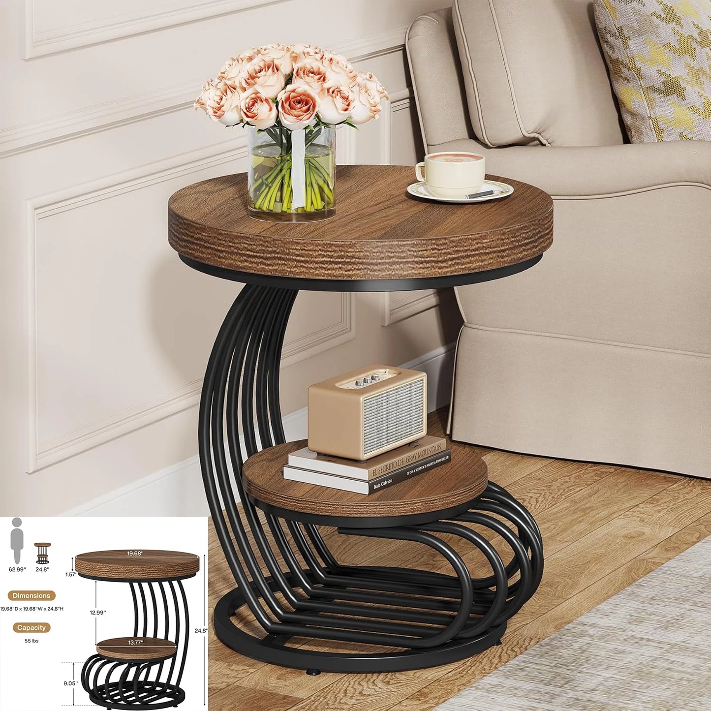 Round End Table, Small Nightstand for Living Room, Bedroom