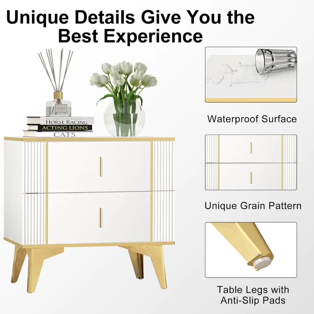 Nightstands Set of 2 With Striped Surface Metal Handle Legs