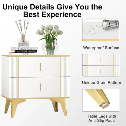 Nightstands Set of 2 With Striped Surface Metal Handle Legs