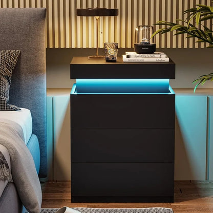 Nightstand w/Charging Station and LED, Stand with Sliding Top, Table with drawers