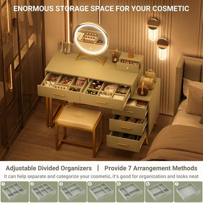 Vanity Desk with Mirror, Light  Set, 6 Drawers Cushioned Stool