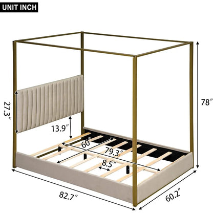 Queen Size, Canopy Platform Bed with Headboard and Metal Frame