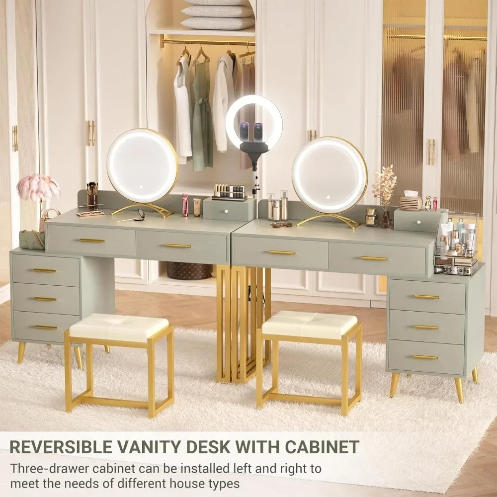 Vanity Desk with Mirror, Light  Set, 6 Drawers Cushioned Stool