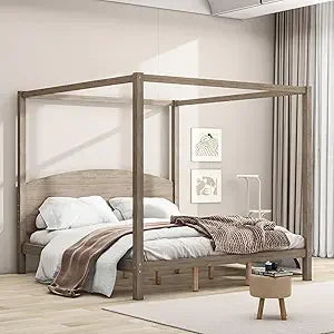 Queen Size, Canopy Platform Bed with Headboard and Metal Frame
