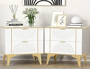Nightstands Set of 2 With Striped Surface Metal Handle Legs