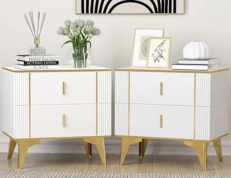 Nightstands Set of 2 With Striped Surface Metal Handle Legs