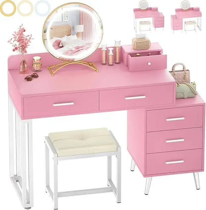 Vanity Desk with Mirror, Light  Set, 6 Drawers Cushioned Stool