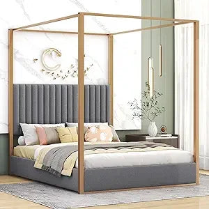 Queen Size, Canopy Platform Bed with Headboard and Metal Frame
