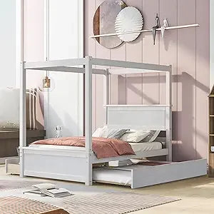 Queen Size, Canopy Platform Bed with Headboard and Metal Frame