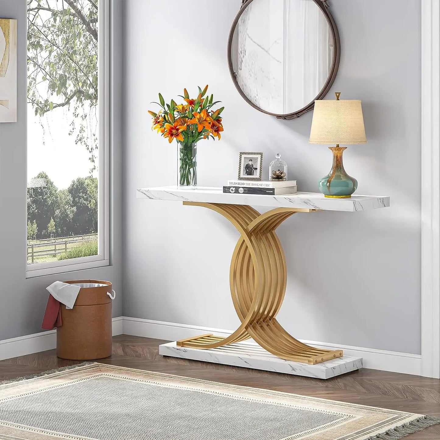 Gold Entryway Table, Faux Marble Narrow Wood Sofa